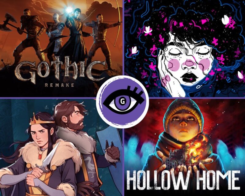 Kolaż z czterech gier: Gothic Remake, She Dreams Elsewhere, Yes, Your Grace Snowfall i Hollow Home z logiem Grajmerek po środku; w lewym górnym rogu widzimy brązowe tło, na dole logo Gothic Remake, a nad nim stoją czterej mężczyźni: pierwszy z toporem, drugi z mieczem, trzeci z niebieską iskra magii, a czwarty z łukiem, lewy dolny róg to dwie postaci w rysunkowym stylu, z przodu stoi ciemnowłosa kobieta z koroną na głowie i sztyletem w rękach, zaś za nią bokiem do widza stoi mężczyzna z brodą i tarcza, górny prawy róg lekko psychodelicznie, bo w bieli, różu i czerni, ukazana twarz osoby z zamkniętymi oczami i gęstymi lokami, ktorą obejmuje jakaś dloń, prawy dolny róg zaś to grafika z czerwonym niebem i niebieskimi cieniami budynków, na pierwszym planie stoi małe dziecko w czapeczce i kurtce, patrzy w niebo, w rękach trzyma płonące miasto, na dole widzimy tytuł gry Hollow Home