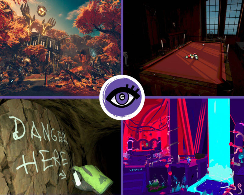 Najciekawsze gry VR/AR, które ukażą się do końca 2025 roku. Obrazek jest podzielony na 4 części. W lewym górnym rogu widoczny jest krajobraz w pomarańczowych kolorach z gry Arken Age. W prawym górnym rogu widoczny jest stół bilardowy i ułożone na nim bile. Jest to screenshot z gry Pool of Madness. W lewym dolnym rogu widnieje dłoń z kredą, która właśnie napisała "danger here" ze strzałką. Jest to screenshot z gry Cave Crave. W prawym dolnym rogu widoczna jest kolorowa sceneria z niebieskim wodospadem oraz ludzikiem na czerwonym tle. Jest to screenshot z gry My Monsters.