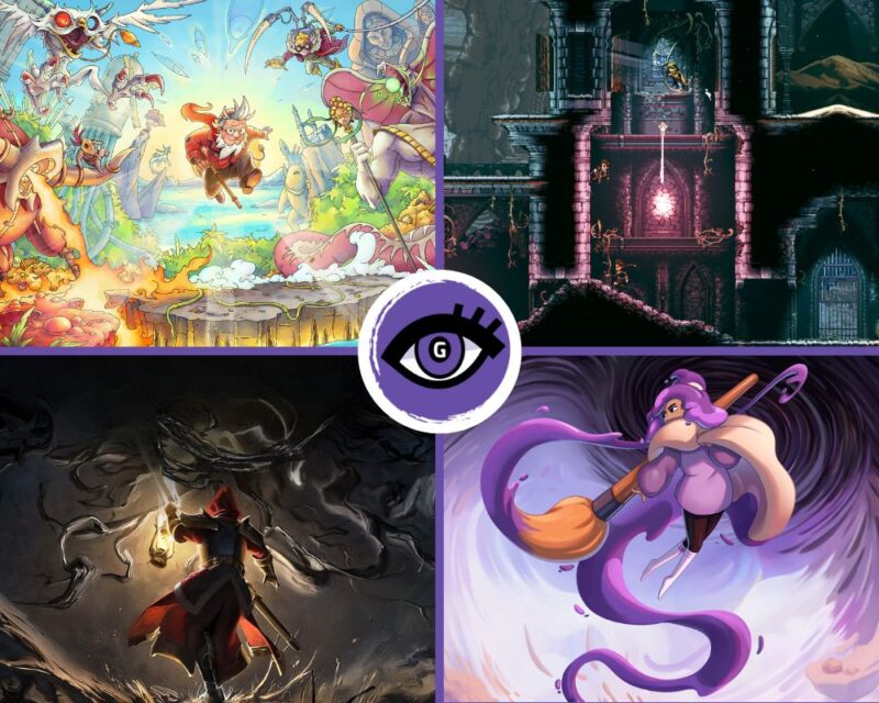 Najciekawsze gry metroidvania, które ukażą się do końca 2025 roku; Na załączonym obrazku widzę cztery grafiki podzielone na ćwiartki oraz logo w centrum. Oto szczegółowy opis: 1. Lewy górny róg Kolorowa, dynamiczna ilustracja przedstawiająca postać w centrum (starszy mężczyzna z białą brodą, ubrany na czerwono), która wykonuje skok. W tle znajduje się krajobraz tropikalny z wodą, roślinnością i skałami. Postać jest otoczona przez różnorodne fantastyczne istoty, takie jak szkielety, potwory czy magiczne stwory. 2. Prawy górny róg Mroczna, gotycka scena we wnętrzu zamku lub lochu. Widoczne są detale architektoniczne, takie jak kamienne mury, kolumny i łuki. Na środku widnieje różowe, magiczne światło otoczone winoroślami, które może symbolizować punkt zainteresowania. W tle znajdują się ciemne korytarze i pomieszczenia. 3. Lewy dolny róg Ilustracja przedstawia postać w czerwonym płaszczu i kapturze, dzierżącą lampę. Bohater stoi tyłem do widza w ciemnej, mrocznej jaskini pełnej mgły i cieni. Na pierwszym planie widać detale otoczenia, jak nierówności terenu czy złowrogą atmosferę. 4. Prawy dolny róg Stylizowana grafika przedstawia postać kobiecą z różowymi włosami, która trzyma ogromny pędzel. Bohaterka jest otoczona wirującymi smugami farby lub magii w kolorach fioletu. Scena wydaje się dynamiczna, a jej styl nawiązuje do kreskówkowej estetyki. Centrum W środku obrazu znajduje się okrągłe logo na białym tle. Jest to stylizowane oko z literą „G” w środku, otoczone fioletową ramką.