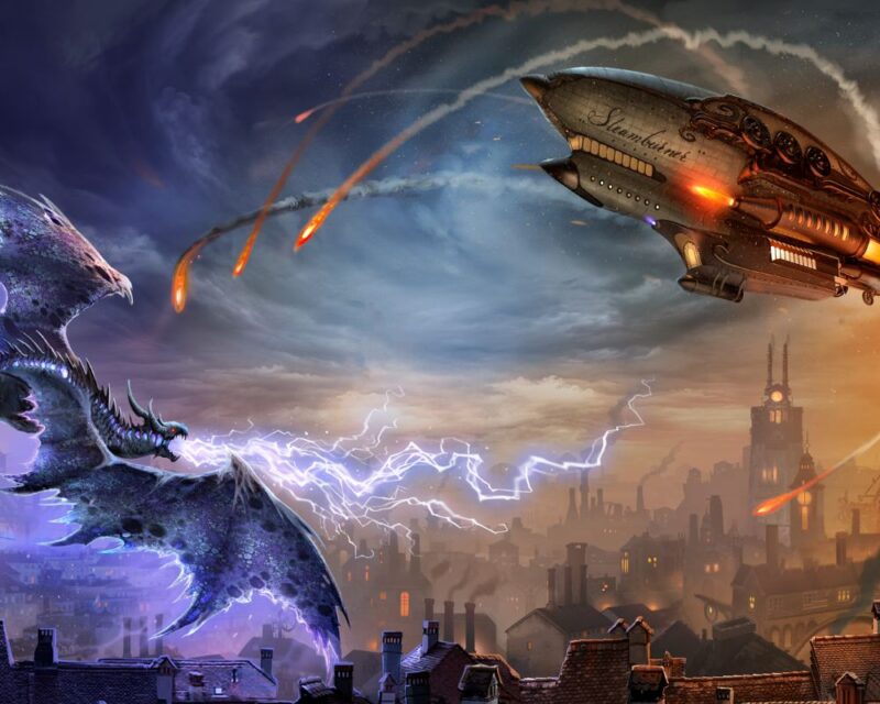 Na obrazku widzę dynamiczną scenę w stylu steampunkowym, przedstawiającą walkę między smokiem a sterowcem. Szczegóły obrazu: Smok: Po lewej stronie widnieje ogromny, fantastyczny smok. Ma błyszczącą, łuskowatą skórę o fioletowo-niebieskich odcieniach. Z jego pyska wydobywa się błyskawica, która wydaje się być bronią energetyczną. Sterowiec: Po prawej stronie znajduje się majestatyczny sterowiec z napisem "Steamburner". Jest ozdobiony charakterystycznymi elementami steampunku, takimi jak miedziane i złote akcenty oraz silniki parowe. Sterowiec wydaje się być w trakcie bitwy, wystrzeliwując pociski w stronę smoka. Tło: W tle widoczna jest panorama miasta w stylu wiktoriańskim, z wysokimi kominami fabryk i zegarową wieżą. Niebo jest pełne dramatycznych chmur, a wybuchy i smugi świetlne dodają intensywności całej scenie. Efekty wizualne: Obraz jest pełen dynamicznych elementów, takich jak błyskawice, pociski i smugi ognia na niebie. Scena sugeruje epicką bitwę między technologią a magią. To piękny i szczegółowy obraz w stylu steampunkowym, z wyraźnym naciskiem na kontrast między fantastycznym smokiem a industrialnym sterowcem.