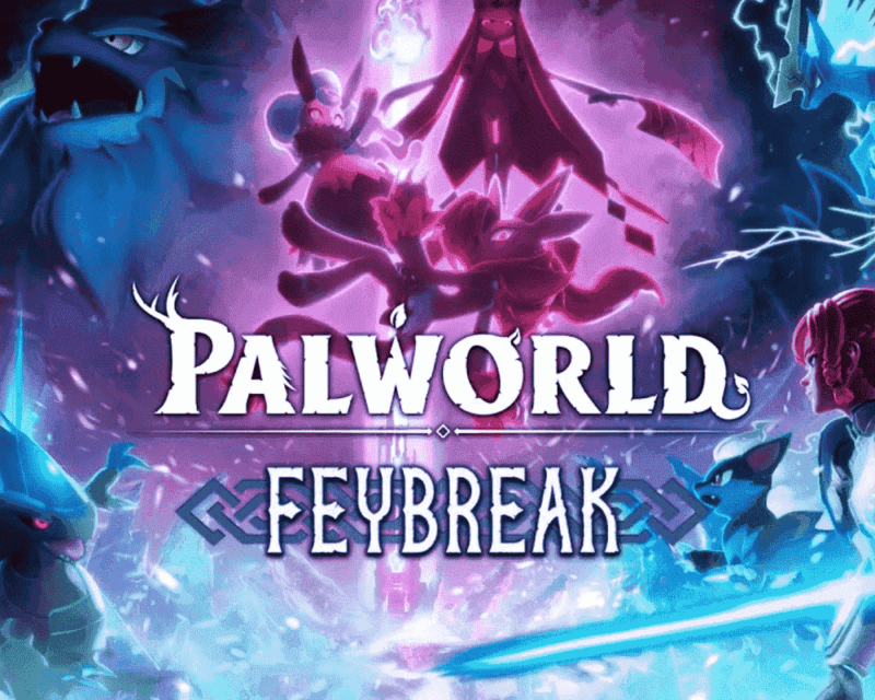 Grafika z gry Palworld, przedstawiająca logo Palworld: Feybreak na fioletowo-niebieskim tle