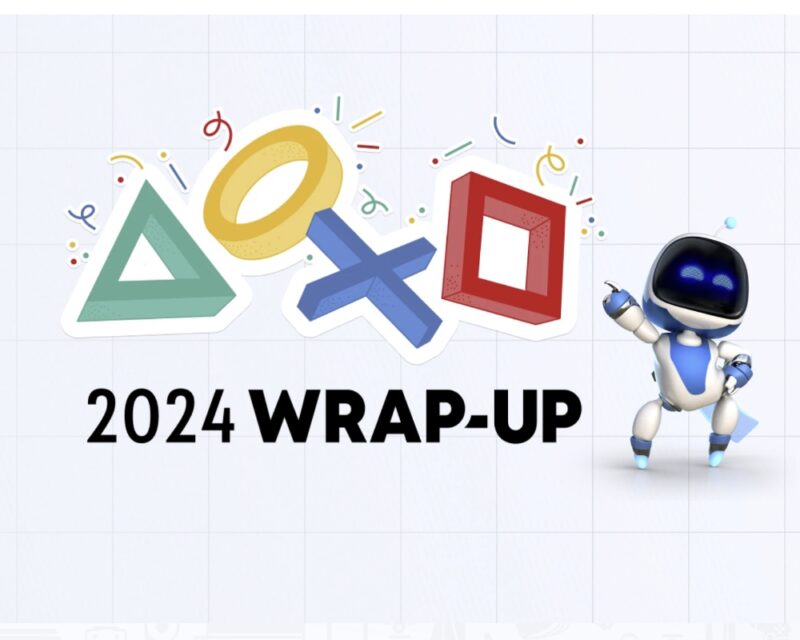 Na obrazku znajduje się obrazek promujący PlayStation Wrap Up 2024, czyli podsumowanie roku. Uśmiechnięty robot wskazuje na ikony kojarzące się z padem od konsoli.