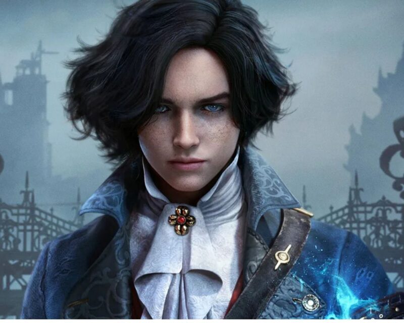 Na zdjęciu widać młodego mężczyznę w wieku 20-25 lat. Ma on czarne włosy rozwiane przez wiatr oraz bogato zdobiony strój. W tle widoczne jest mgliste miasto.