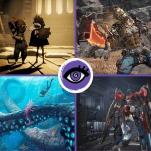 Kolarz czterech gier multiplayer z logo Grajmerek na środku. Na obrazku znajduje się: Little Nightmares 3, Borderlands 4, Subnautica 2 oraz Mecha BREAK