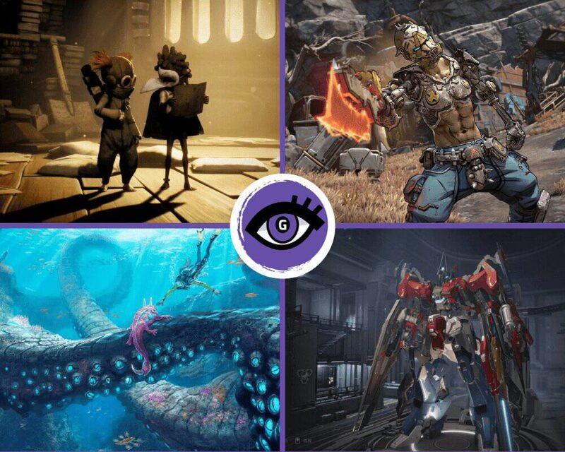 Kolarz czterech gier multiplayer z logo Grajmerek na środku. Na obrazku znajduje się: Little Nightmares 3, Borderlands 4, Subnautica 2 oraz Mecha BREAK