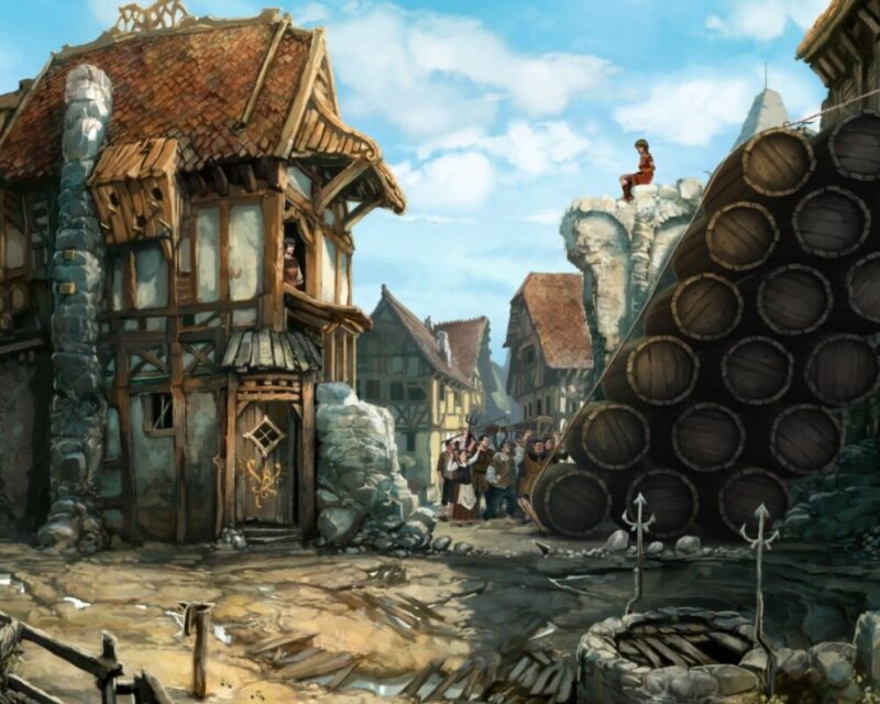 Ilustracja przedstawiająca scenę z gry "The Dark Eye: Klątwa Wron". Obrazek ukazuje średniowieczną wioskę z uszkodzonymi budynkami, stosem drewnianych beczek oraz grupą wieśniaków w tle. Na skalnej półce z prawej strony siedzi postać, obserwująca otoczenie. Scena jest bogata w szczegóły i oddaje atmosferę fantasy.