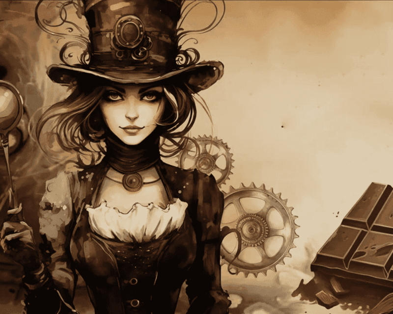 Ilustracja przedstawia kobietę w stylu steampunkowym, z cylindrem i gorsetem, na tle zębatych kół. Scena utrzymana w sepiowej tonacji pochodzi z gry Chocolate Factory Simulator, co podkreśla obecność tabliczki czekolady w tle.