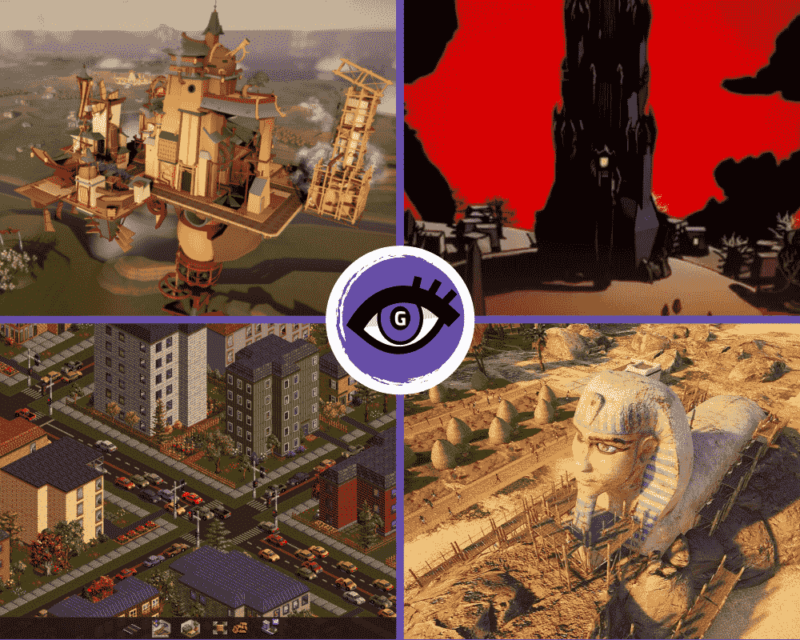 Grafika przedstawiajaca kadry z czterech gier: latające miasto, wieżę w piekle, pikselowy rzut na nowoczesne miasto oraz Sfinksa w Egipcie