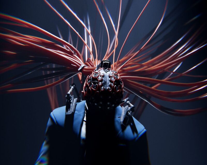 grafika promująca grę Den of Wolves, na pierwszym planie widzimy postać w niebieskim garniturze i hełmie, z którego wystaje mnóstwo czerwonych przewodów