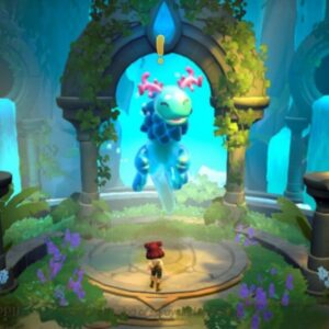 Bohaterka gry Fae Farm w magicznej krainie. Na obrazku widzimy postać dziewczyny odwróconą do nas plecami i magiczne zielone stworzenie stojące naprzeciwko niej.