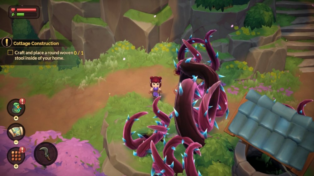 Screen przedstawiający postać z gry oraz tajemniczą roślinę z kolcami.