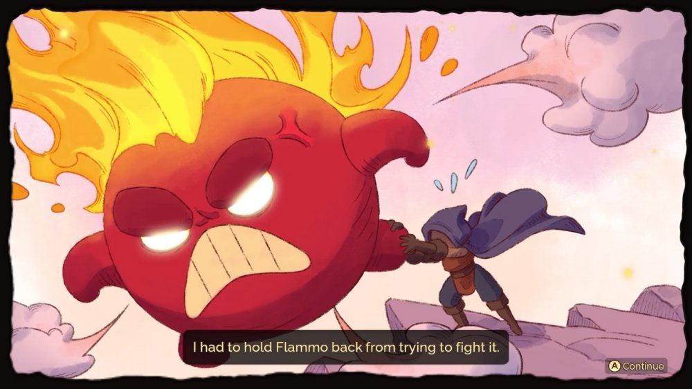 Cutscenka z gry Fae Farm przedstawiająca tajemniczą postać ogniową o gigantycznej głowie.
