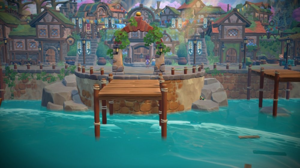 Widok na Azorię. Screen przedstawia molo oraz widok na miasteczko.