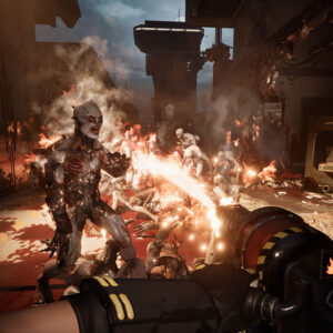 Zrzut ekranu z gry Killing Floor 3. Postać gracza z perspektywy pierwszoosobowej pali grupę potworów, zedów, za pomocą miotacza ognia.