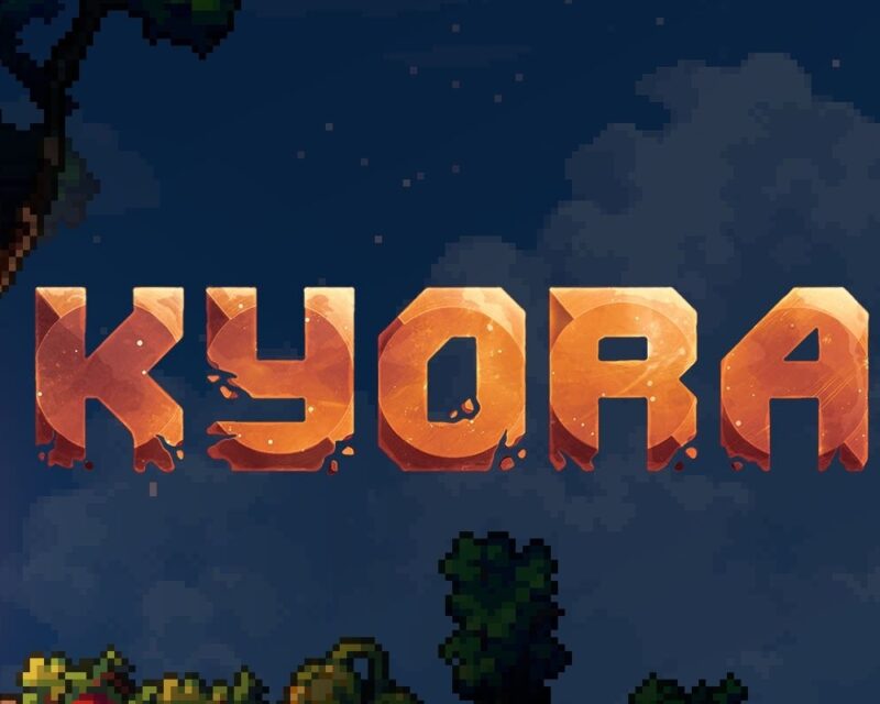 Kyora zapowiedź gry The Game Awards 2024, na obrazku tytuł gry Kyora w jasnym kolorze, przypominającym ziemię, a w tle nocne niebo, rośliny, drzewa