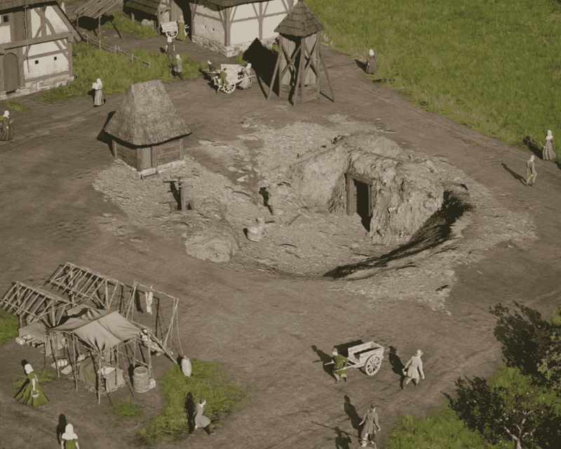 Grafika z gry Manor Lords przedstawiająca średniowieczną wioskę oraz wejscie do kopalni