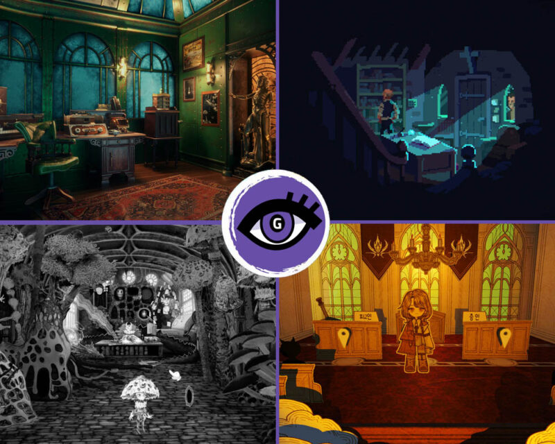 Kolaż zrzutów ekranów z wybranych najciekawszych gier point & click z premierą w 2025. Na górze od lewej do prawej: The House of Tesla i The Drifter. Na dole od lewej do prawej: Bioid i KILLA.