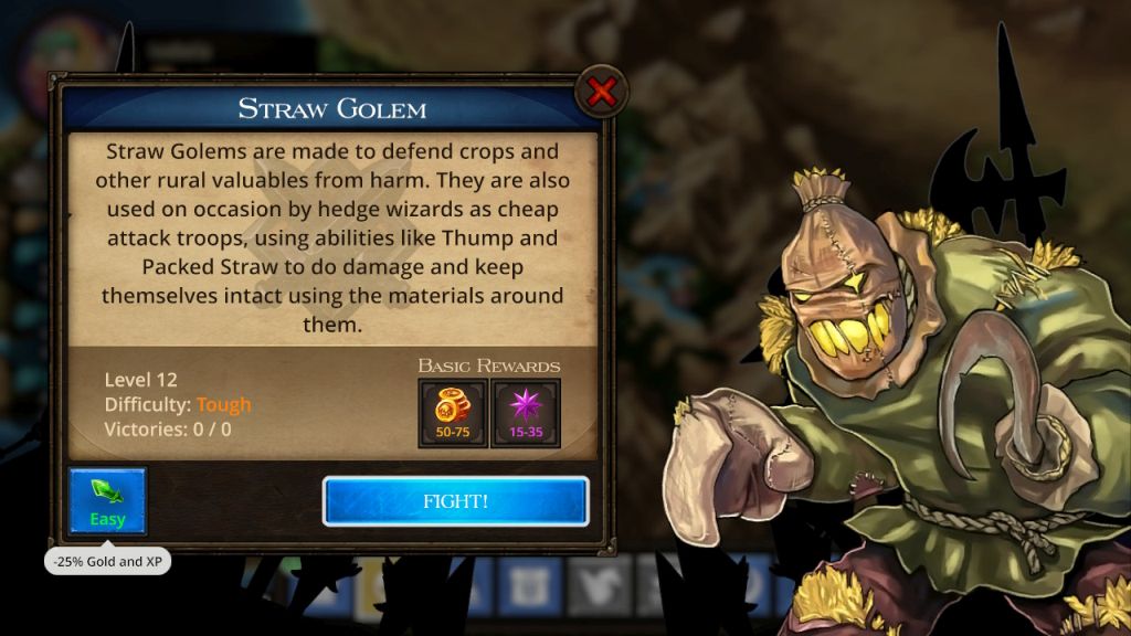 Karta przeciwnika. Informacje na jego temat oraz miniatura. Postać składa się z worków, w miejscu dłoni ma sierp.