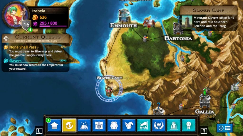 Mapa świata gry. Po lewej stronie miniaturka bohatera, poniżej opis misji. Widać tereny górzyste, morze.