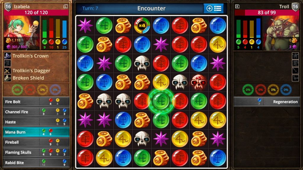 Plansza z klejnotami, na której się gra. Po bokach ekranu informacje o dwójce graczy, poziom pasków many, ich czary.