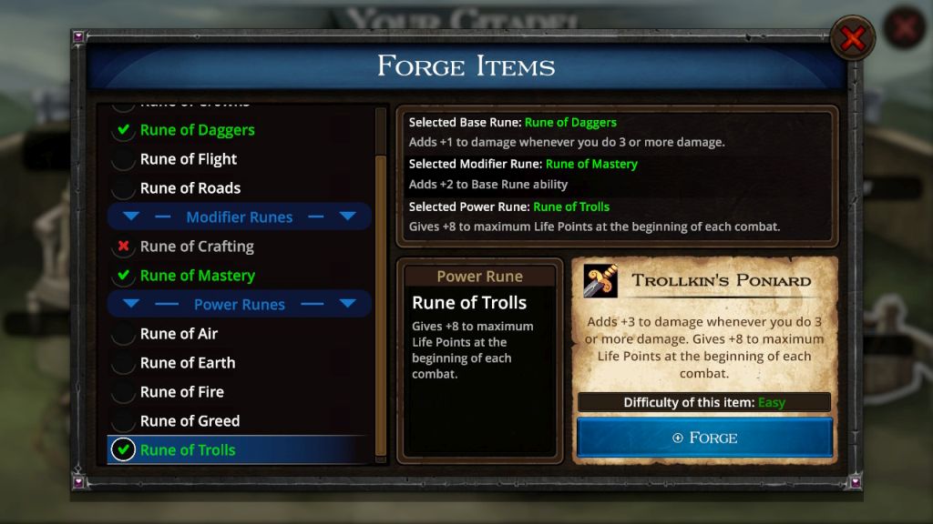 Menu tworzenia przedmiotów. Wybór run oraz informacja o tym, jaki przedmiot możemy wykuć.