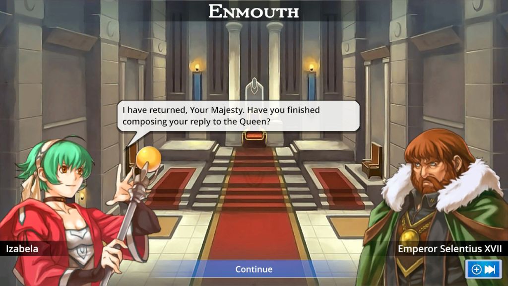 Kobieta w szacie czarodzieja, trzymająca laskę, rozmawia z władcą. W tle sala tronowa.