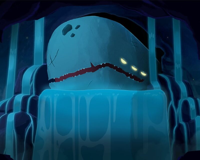grafika promująca grę Slay the Spire 2, widzimy na niej wielkiego, trzy okiego, zmutowanego wieloryba leżącego na wodzie, obok niego kolumny, a dookoła ciemność