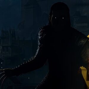 The Blood of Dawnwalker pokaz rozgrywki, ciemne tło, ciemna postać ze szponami i mieczem, której świecą się tylko oczy
