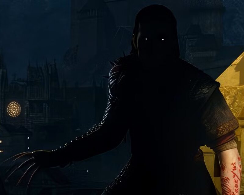 The Blood of Dawnwalker pokaz rozgrywki, ciemne tło, ciemna postać ze szponami i mieczem, której świecą się tylko oczy