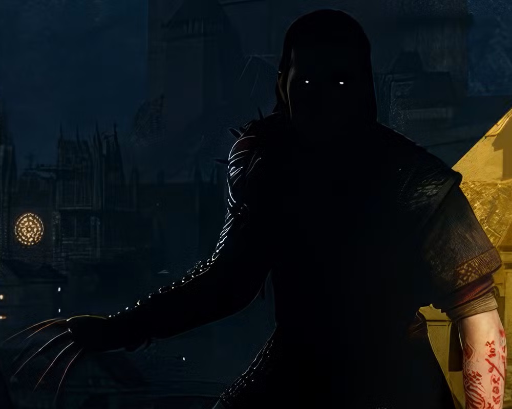 The Blood of Dawnwalker pokaz rozgrywki, ciemne tło, ciemna postać ze szponami i mieczem, której świecą się tylko oczy