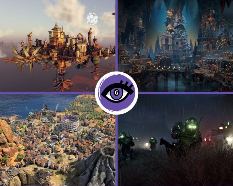 kolaż czterech zrzutów ekranu z różnych gier, w lewym górnym rogu widzimy latający statek-miasto z różnymi budynkami i silnikiem, w prawym górnym rogu widzimy podziemne miasto nad wodą, z mostem i pomnikiem czarnego smoka, w lewym dolnym rogu widzimy heksagonalną mapę z różnymi budynkami, wulkanem i wodą, w prawym dolnym rogu natomiast widzimy kilku żołnierzy w pancerzach i hełmach z zielonym wizjerem, jak skradają się gdzieś, na środku obrazka widać logo Grajmerek, oko z fioletową tęczówką na fioletowym tle