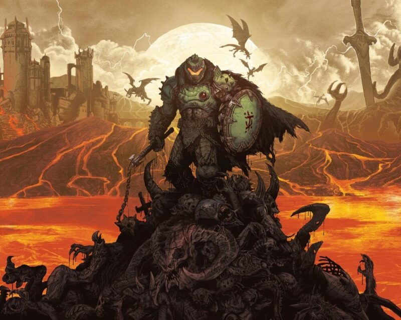 Grafika promująca grę Doom: The Dark Ages. Przedstawia potężnego wojownika w zbroi, stojącego na stosie pokonanych potworów w mrocznym, piekielnym krajobrazie. W tle widoczne są płonące ziemie, zrujnowane zamki oraz latające demony.