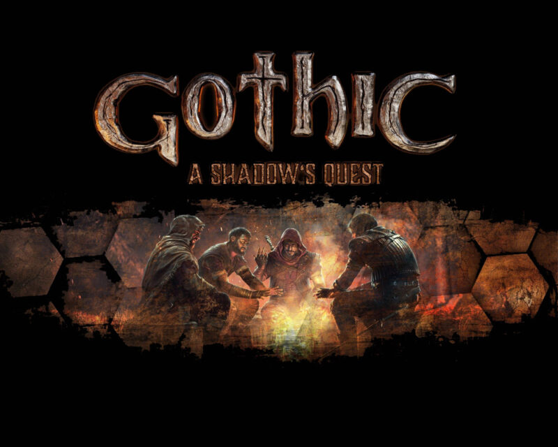 Obraz przedstawia grafikę przedstawiającą cztery postacie siedzące przy ognisku, utrzymaną w ciemnej kolorystyce.