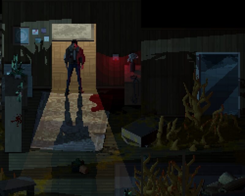 Na obrazku widzimy fragment rozgrywki z gry Holstin. Scena rozgrywa się w ciemnym, ponurym pomieszczeniu, prawdopodobnie w jakimś domu lub budynku. Dominują ciemne kolory i mroczna atmosfera. W centrum uwagi znajduje się postać głównego bohatera, który stoi w otwartych drzwiach prowadzących do innego pomieszczenia. Jest ubrany w ciemną kurtkę i wydaje się być gotowy na konfrontację. Jego postać rzuca długi cień na podłogę, co potęguje uczucie grozy. Podłoga jest pokryta czerwonym śluzem, który tworzy ślady prowadzące do drzwi, sugerując, że coś strasznego wydarzyło się w tym miejscu. Na podłodze leży również jakiś przedmiot lub zwłoki, co dodatkowo podkreśla mroczny charakter sceny. W głębi pomieszczenia widać dziwne, organiczne kształty przypominające korzenie lub jakieś wyrosty. Sugerują one obecność jakiejś nieznanej, potwornej siły, która przejęła kontrolę nad tym miejscem. Cała scena jest utrzymana w mrocznej, gotyckiej stylistyce, która doskonale oddaje klimat gry Holstin. Obrazek wywołuje uczucie niepokoju i napięcia, a jednocześnie intryguje i zachęca do dalszego odkrywania tajemnic tego mrocznego świata. Holstin otrzyma finałowe demo w 2025 roku.