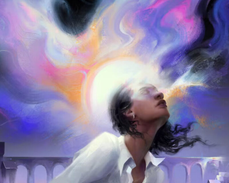 Na obrazku znajduje się czarnoskóra postać. Ma czarne, długie włosy i ubrana jest w białą koszulę. W tle znajduje się biała poświata i wielokolorowe, rozmyte niebo.