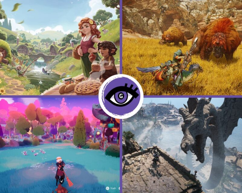 Kolaż czterech zrzutów ekranu z różnych gier, w lewym górnym rogu widzimy hobbitów na pikniku, kobietę i dziecko, a wokół idyllyczną scenerię, w prawym górnym rogu widzimy postać z bronią na wierzchowcu podczas walki z brązowym zwierzem, przypominającym niedźwiedzia. W lewym dolnym rogu widzimy kobietę omiatającą coś miotłą, za nią rozciąga się las a w prawym dolnym rogu wielki smok walczący z jakimś łowcą, na środku obrazka widać logo Grajmerek, oko z fioletową tęczówką na fioletowym tle