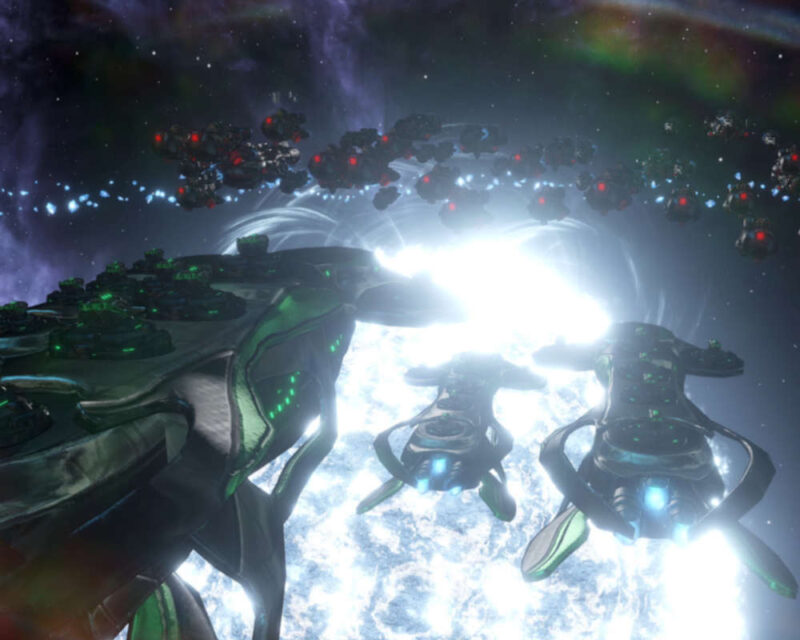 Na obrazku widzimy scenę z kosmicznej gry strategicznej. Dominują ciemne barwy kosmosu, rozświetlone jedynie przez gwiazdy i intensywne światło pochodzące z centralnego punktu obrazu. W centrum znajduje się ogromna, obca planeta, być może emitująca silne promieniowanie. Wokół niej krąży liczna flota statków kosmicznych, podzielona na dwie grupy. Jedna grupa, mniejsza i bardziej zwarta, składa się z mniejszych statków o agresywnym wyglądzie, prawdopodobnie myśliwców lub korwet. Druga grupa, znacznie większa i bardziej rozproszona, składa się z potężnych krążowników lub okrętów wojennych, charakteryzujących się masywnymi kadłubami i potężnym uzbrojeniem. Obie floty wydają się być gotowe do walki, co sugeruje napiętą sytuację. Styl graficzny obrazu nawiązuje do science fiction, z charakterystycznymi dla tego gatunku elementami takimi jak futurystyczne statki kosmiczne, obca planeta i mroczne, tajemnicze otoczenie.