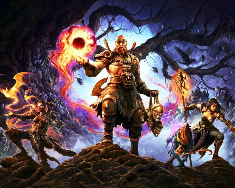 Obrazek przedstawia trójkę wojowników stojących na skalistym wzgórzu. W centrum znajduje się potężny brodaty wojownik o imponującej posturze. W jednej ręce trzyma świecącą, płonącą kulę energii, a w drugiej odciętą głowę z magicznym blaskiem w oczach. Po lewej stronie jest smukła kobieta w skórzanej zbroi, władająca ognistą magią. Po prawej stoi wojowniczka w zbroi, trzymająca trójząb. Towarzyszy jej magiczne stworzenie. W tle widać drzewa oraz blade twarze w półmroku.