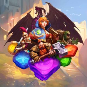 Za kryształkami znajduje się krasnolud, kobieta, rycerz oraz smok. W tle jest zamek.