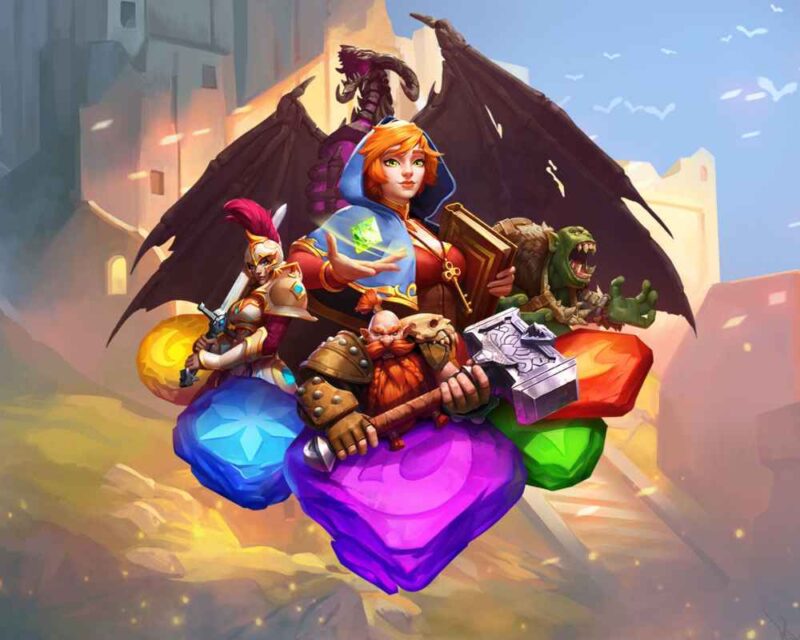 Za kryształkami znajduje się krasnolud, kobieta, rycerz oraz smok. W tle jest zamek.