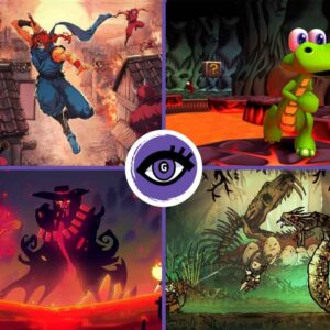 Mężczyzna z mieczem skacze, obok krokodyl z plecakiem sobie spaceruje, u dołu szczur walczy z wężem, a na ostatnim obrazku kobieta w barwach czerwieni próbuje pokonać inną kobietę.