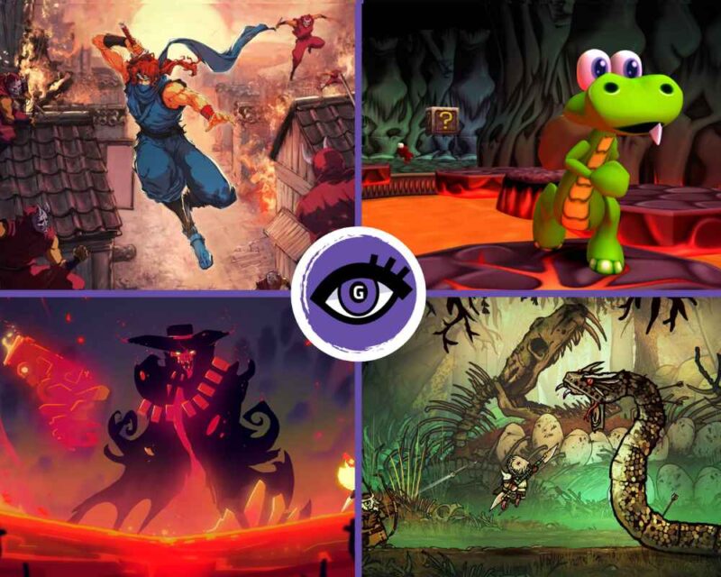 Mężczyzna z mieczem skacze, obok krokodyl z plecakiem sobie spaceruje, u dołu szczur walczy z wężem, a na ostatnim obrazku kobieta w barwach czerwieni próbuje pokonać inną kobietę.