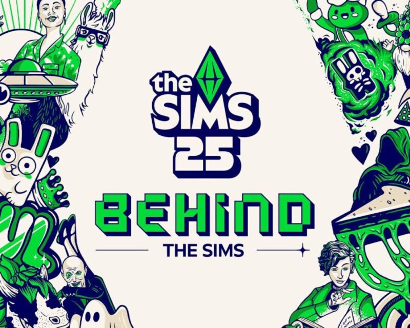 Ilustracja promująca 25-lecie serii The Sims. Centralnym punktem grafiki jest napis „The Sims 25” oraz „Behind The Sims” z dominującymi kolorami zielonym, białym i czarnym. Wokół znajdują się różnorodne elementy związane z grą, takie jak ikoniczny zielony diament, kosmita, lama, królik, duch oraz postaci w różnych stylizacjach.