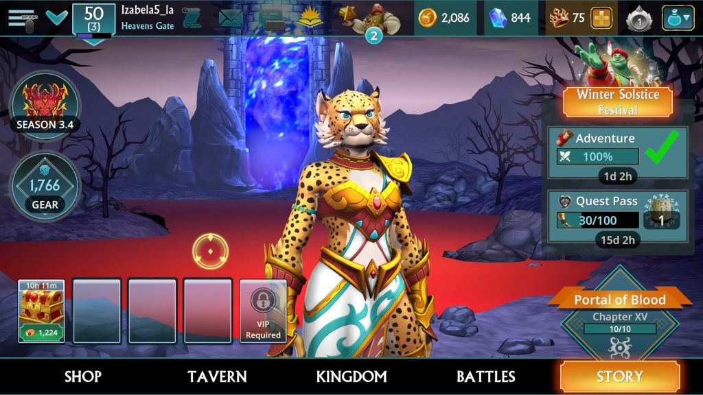 Menu gry. Na środku główna postać, obok informacje na temat jej statystyk.