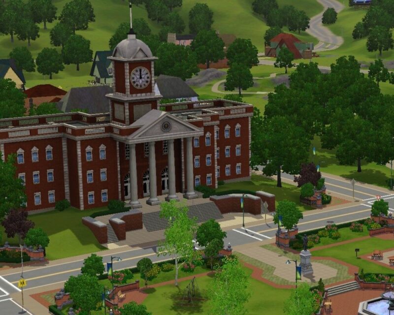 The Sims 3 nowa aktualizacja 2025, zrzut ekrany przedstawiający Sunset Valley - miasto z podstawowej wersji gry, na pierwszym planie duży ratusz, a pod nim park, widać ulice