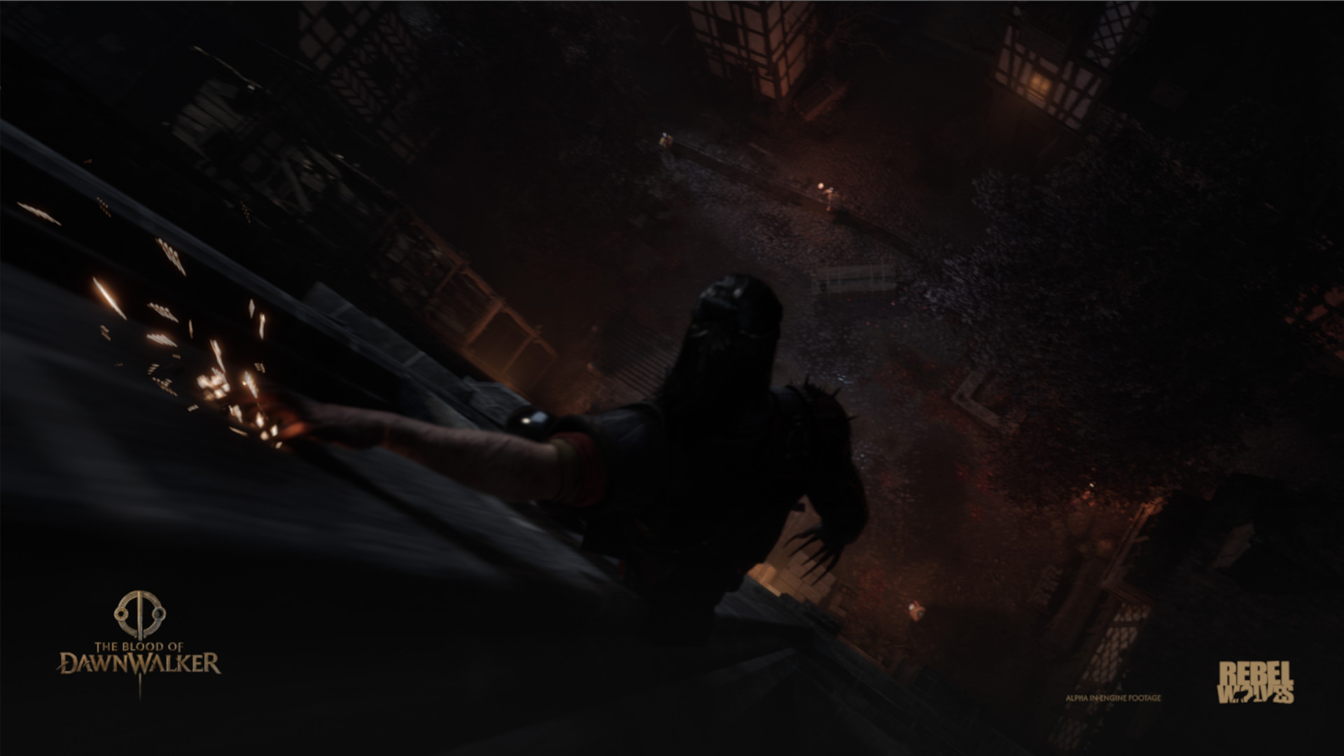 Na obrazku przedstawiona jest scena z gry "The Blood of Dawnwalker". Widzimy postać w ciemnej zbroi, która stoi na krawędzi budynku. Postać ma na twarzy maskę, a w ręku trzyma jakiś rodzaj broni, z której wylatują iskry. W tle widzimy ciemne miasto z rozproszonymi światłami. Całość utrzymana jest w mrocznej, gotyckiej atmosferze.