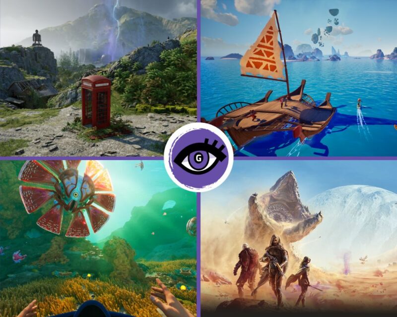 Kolaż ze zrzutami ekranu z gier. W lewym górnym rogu widać górzysty krajobraz. Na środku stoi czerwona budka telefoniczna, wyraźnie wyróżnia się na tle otoczenia. W prawym górnym rogu widać łódź dryfującą po wodzie. Kolory są żywe i intensywne, krajobraz w tle przywodzi na myśl Oceanię. W lewym dolnym rogu widać podwodny krajobraz. Sporą część obrazka zajmuje dziwaczny organizm, przypominający rozchylony kwiat. Na dole widać dłonie nurka. W prawym dolnym rogu widać trójkę ludzi stojącą na tle pustynnego krajobrazu. Za nimi spod piasku wyskakuje ogromny czerw pustynny (z uniwersum "Diuny").