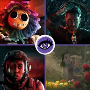 Kolaż scen z gier: w lewym górnym roku jest szmaciana lalka z gry "Poppy Playtime", ma żółtą okrągłą twarz, wielkie czarne oczy i szeroki uśmiech. Dookoła głowy widać długie, niebieskie włosy z włóczki. W prawym górnym rogu widnieje mężczyzna z mrocznym wyrazem twarzy. W ręku trzyma niewielkie wahadełko. W lewym dolnym rogu widać kobietę w skafandrze kosmicznym. Ma wystraszony wyraz twarzy, oświetla ją czerwone światło. W prawym górnym rogu jest dziewczynka przypominająca Alicję w Krainie Czarów. Siedzi pośród czerwonych róż i innych kwiatów. Patrzy w górę, ma zdziwiony - nieco przestraszony -wyraz twarzy.