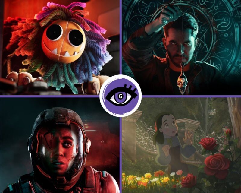 Kolaż scen z gier: w lewym górnym roku jest szmaciana lalka z gry "Poppy Playtime", ma żółtą okrągłą twarz, wielkie czarne oczy i szeroki uśmiech. Dookoła głowy widać długie, niebieskie włosy z włóczki. W prawym górnym rogu widnieje mężczyzna z mrocznym wyrazem twarzy. W ręku trzyma niewielkie wahadełko. W lewym dolnym rogu widać kobietę w skafandrze kosmicznym. Ma wystraszony wyraz twarzy, oświetla ją czerwone światło. W prawym górnym rogu jest dziewczynka przypominająca Alicję w Krainie Czarów. Siedzi pośród czerwonych róż i innych kwiatów. Patrzy w górę, ma zdziwiony - nieco przestraszony -wyraz twarzy.