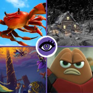 Skaczący krab, dom w zimowej zawierusze, ziarenko kawy z twarzą i w szaliku oraz wielkie tornado unoszące się do nieba - kolaż czterech obrazków z gier.